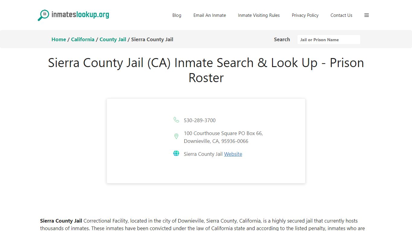 Sierra County Jail (CA) Inmate Search & Look Up - Prison Roster