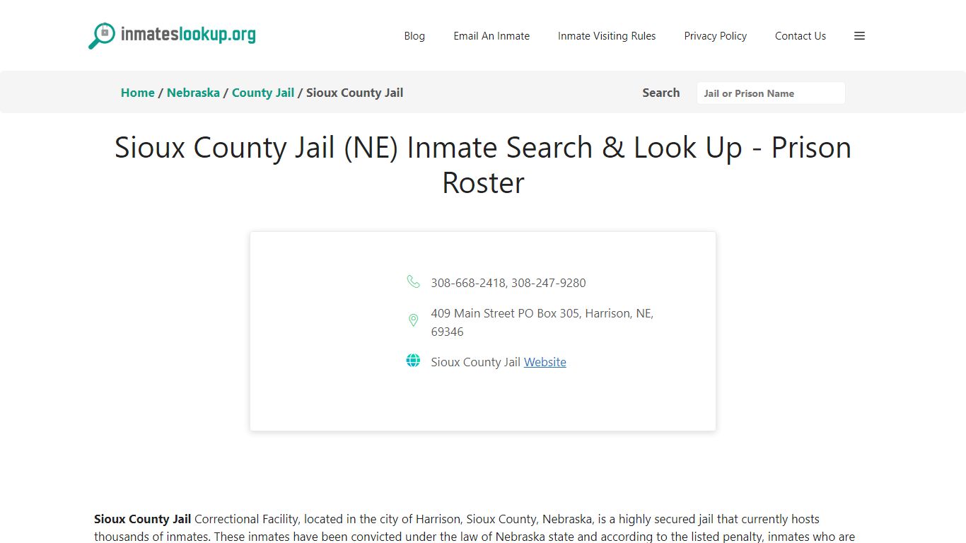 Sioux County Jail (NE) Inmate Search & Look Up - Prison Roster