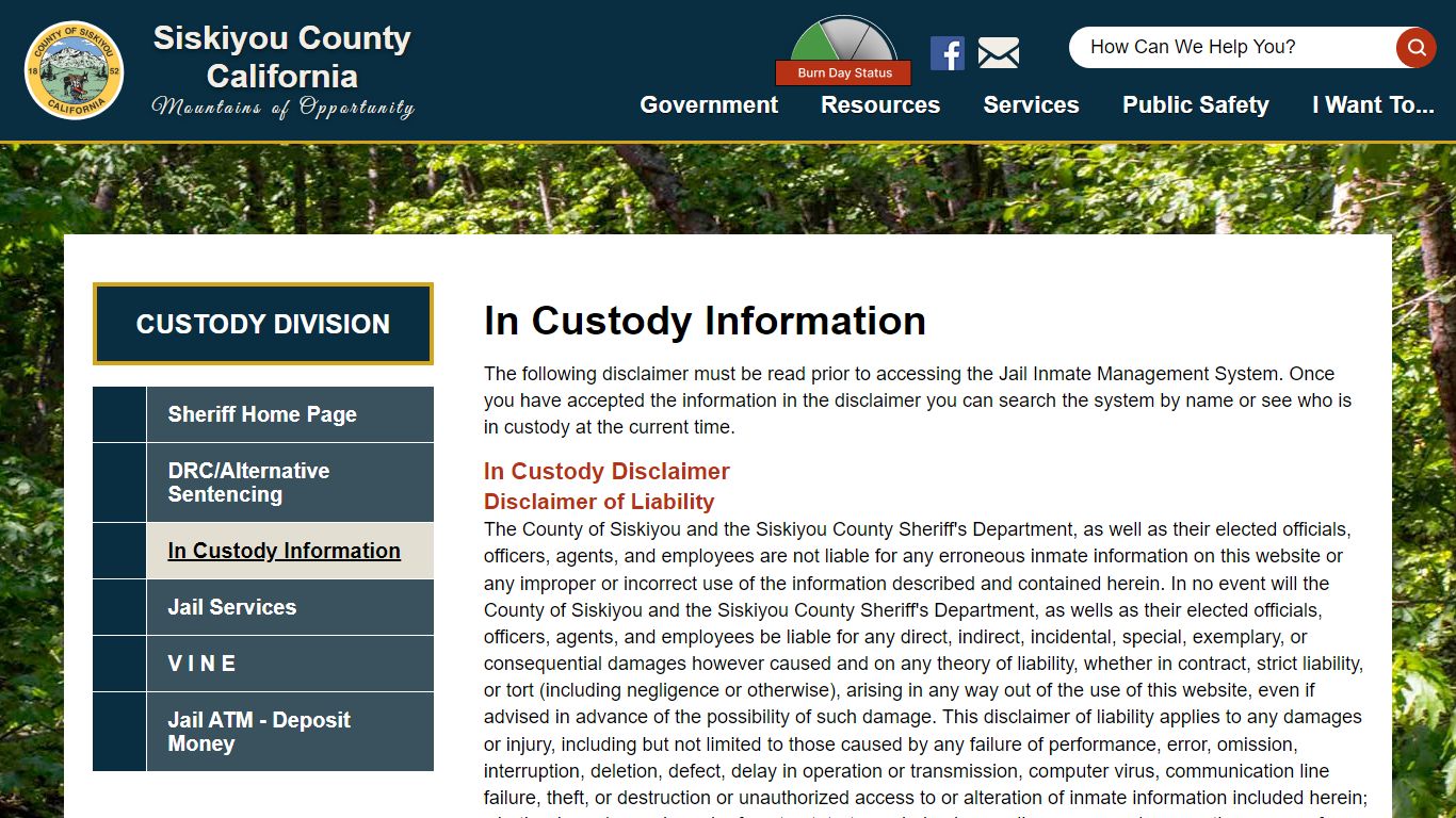 In Custody Information | Siskiyou County California