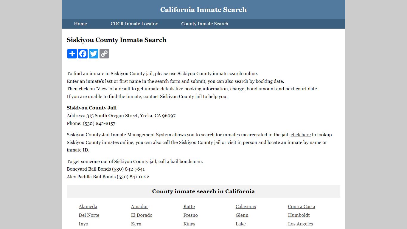 Siskiyou County Inmate Search - California Inmate Search