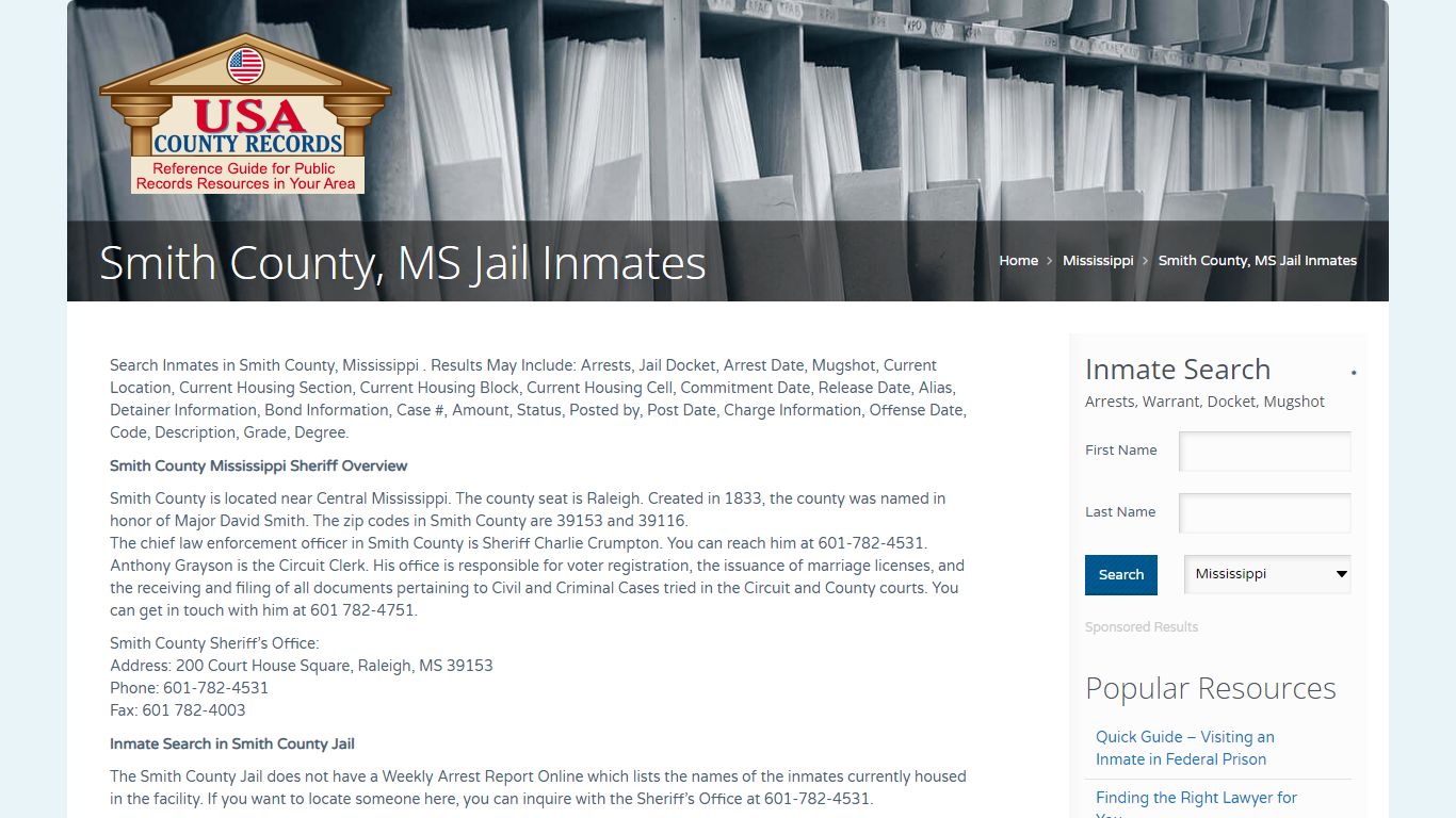 Smith County, MS Jail Inmates | Name Search