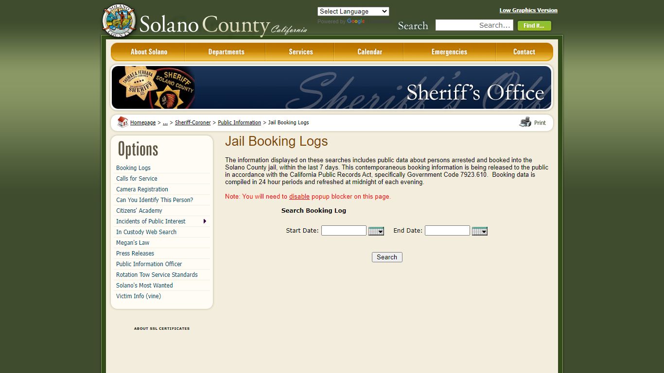Solano County - Jail Booking Logs - Solano County, California