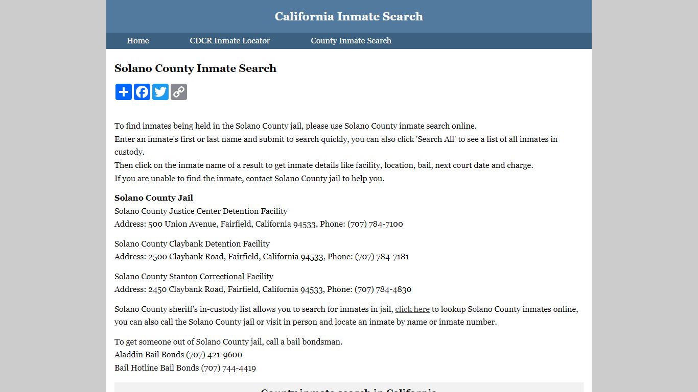 Solano County Inmate Search - California Inmate Search