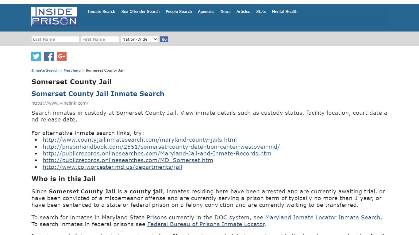 Somerset County Jail - Maryland - Inmate Search - Inside Prison