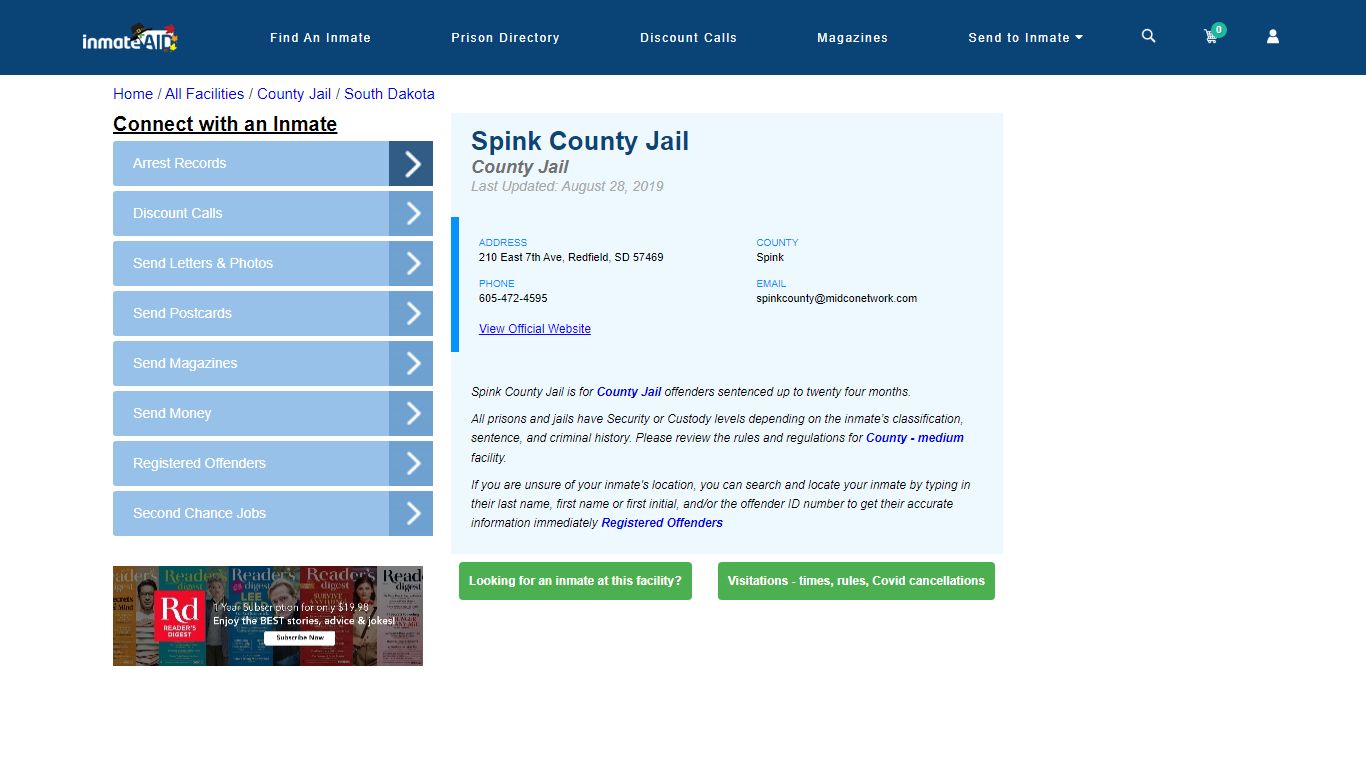 Spink County Jail - Inmate Locator - Redfield, SD