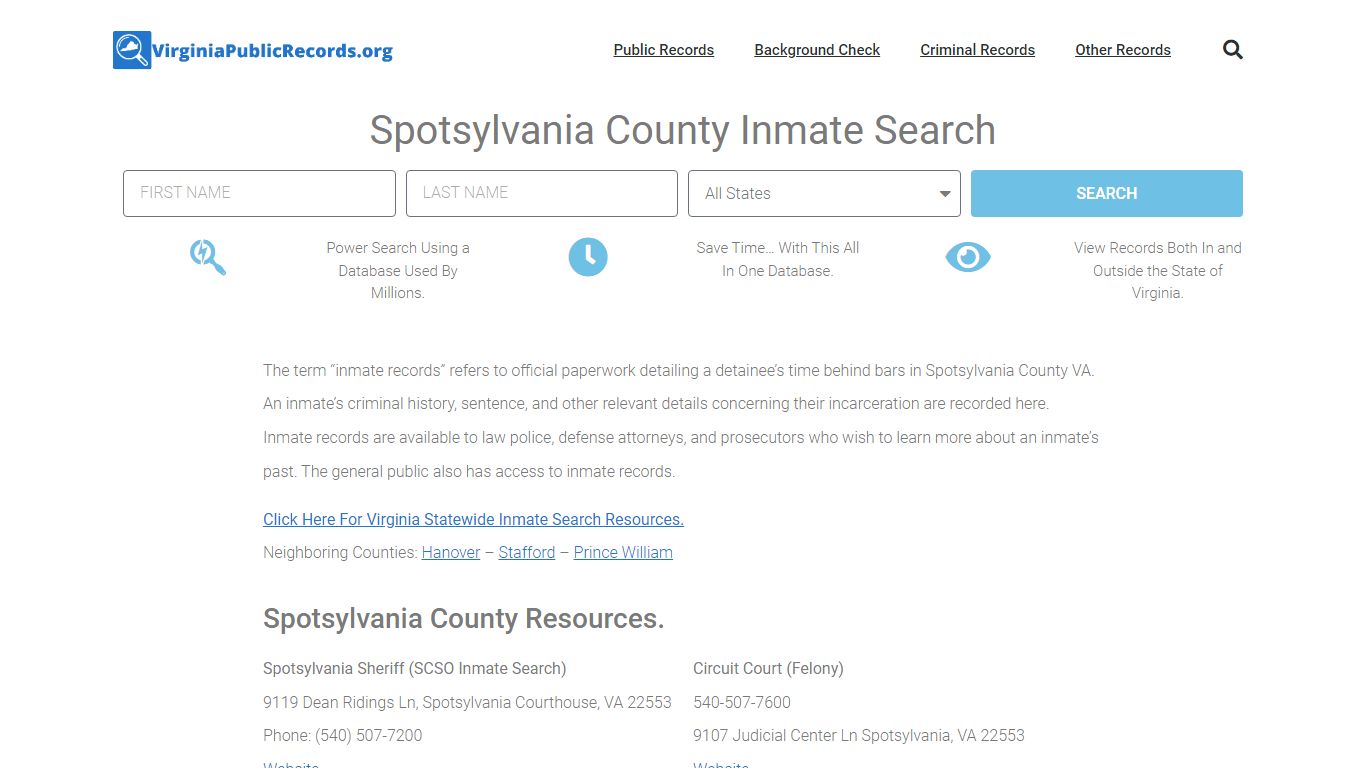 Spotsylvania County Inmate Search - SCSO Current & Past Jail Records