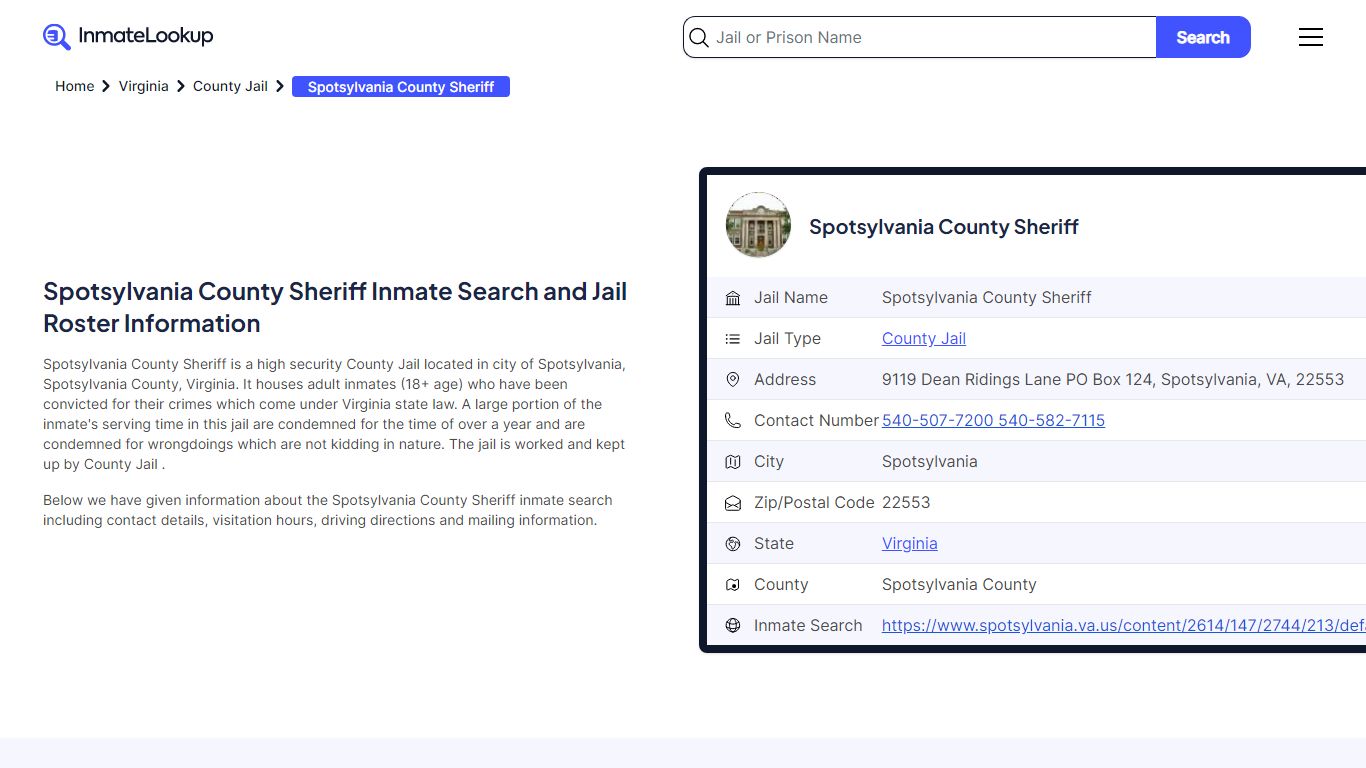 Spotsylvania County Sheriff Inmate Search - Spotsylvania Virginia ...