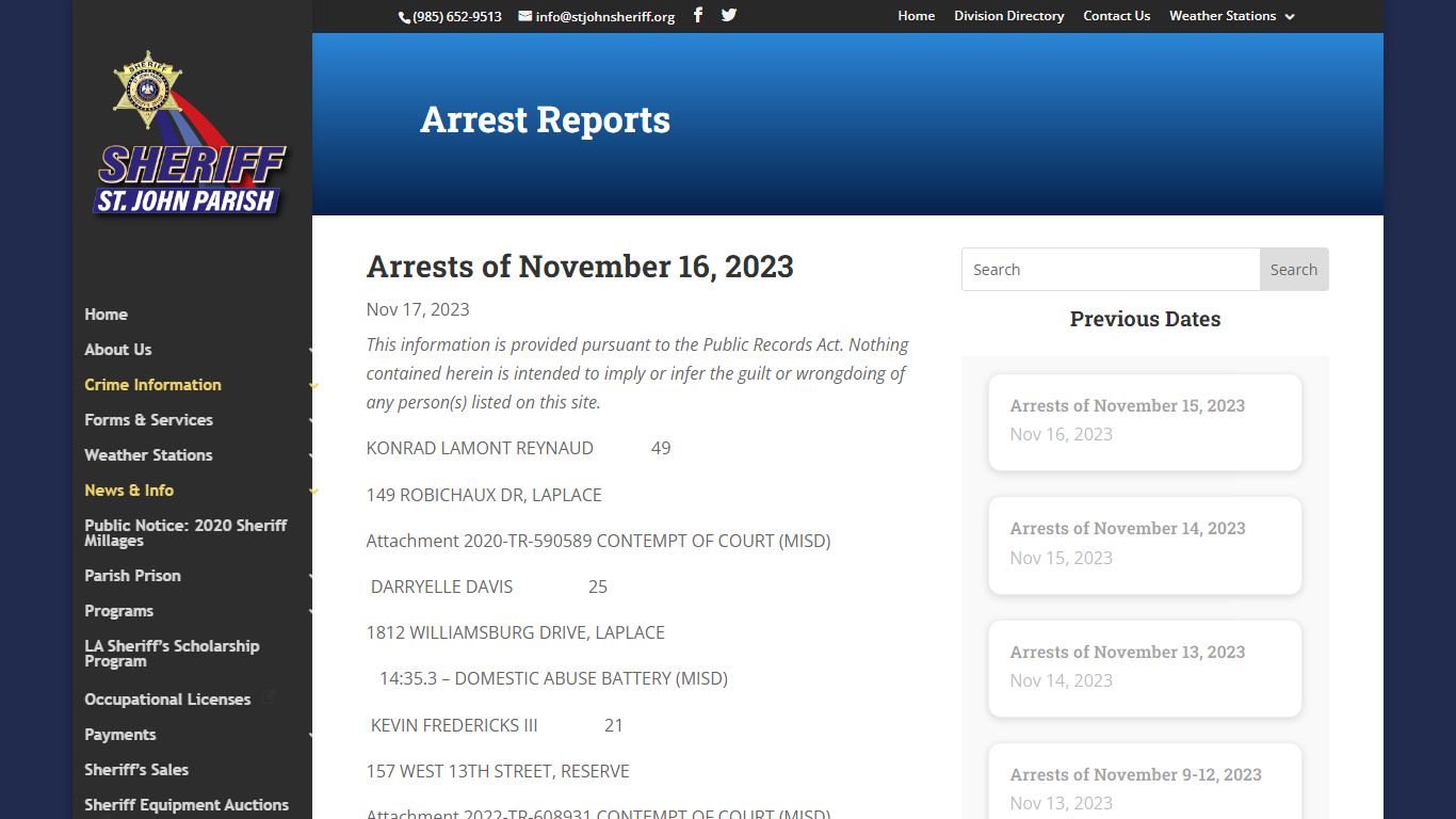 Arrest Reports | St. John Parish Sheriff's Office