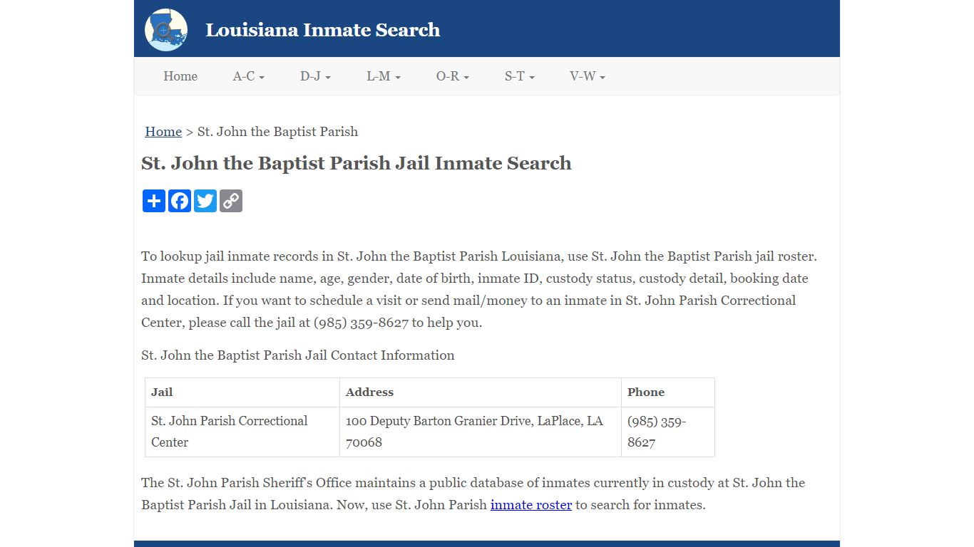 St. John the Baptist Parish Jail Inmate Search