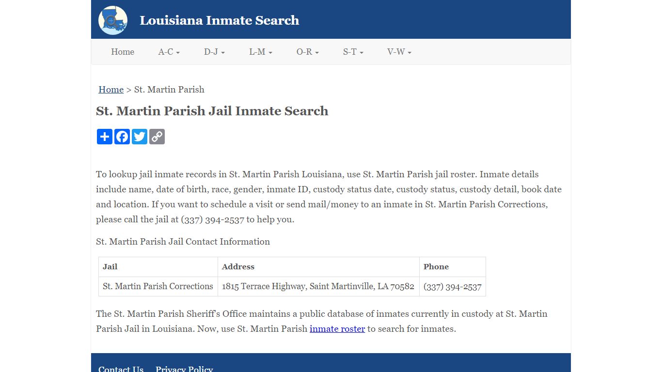 St. Martin Parish Jail Inmate Search