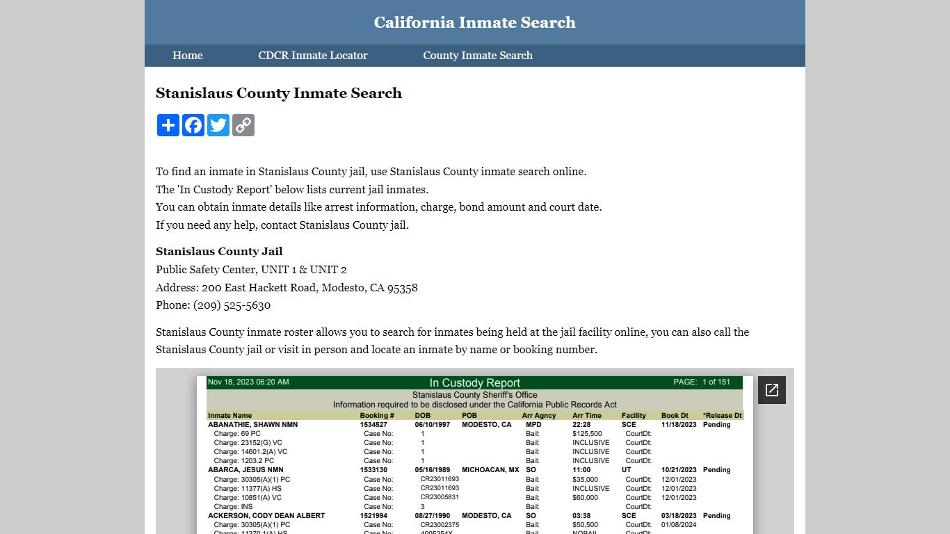Stanislaus County Inmate Search - California Inmate Search