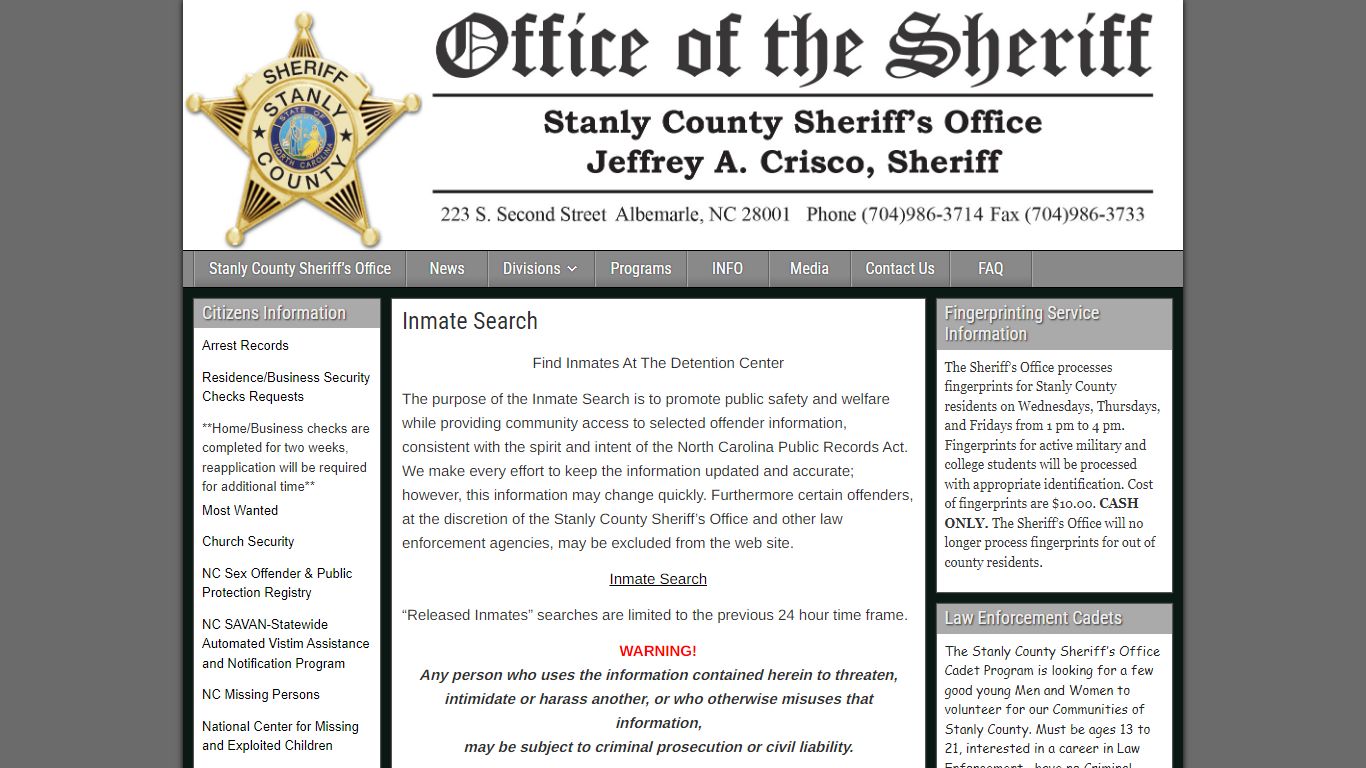 Inmate Search – Stanly County Sheriff's Office