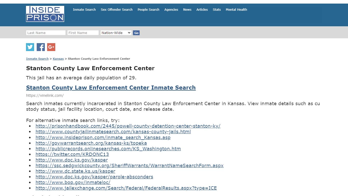 Stanton County Law Enforcement Center - Kansas - Inmate Search