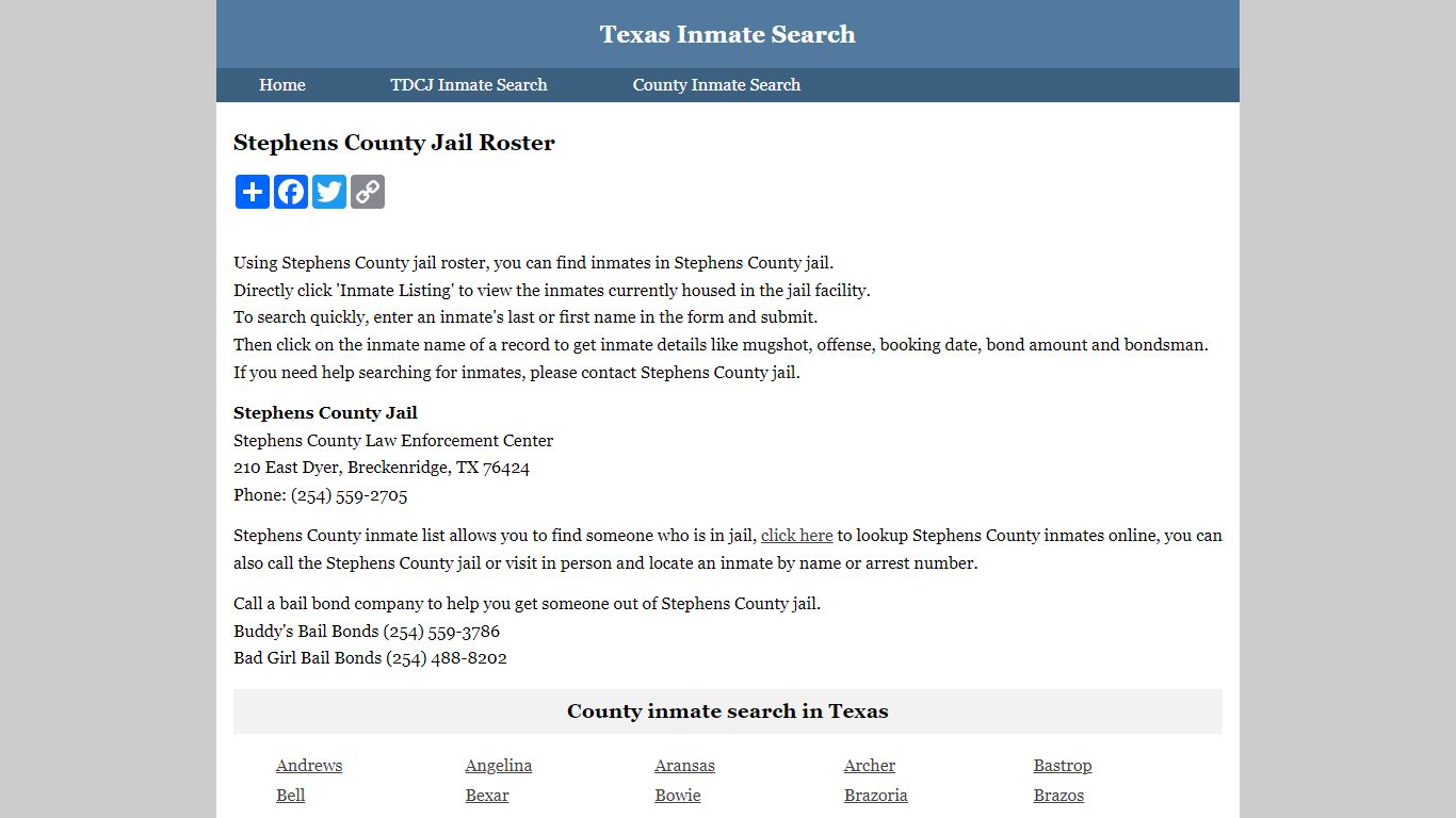 Stephens County Jail Roster - Texas Inmate Search