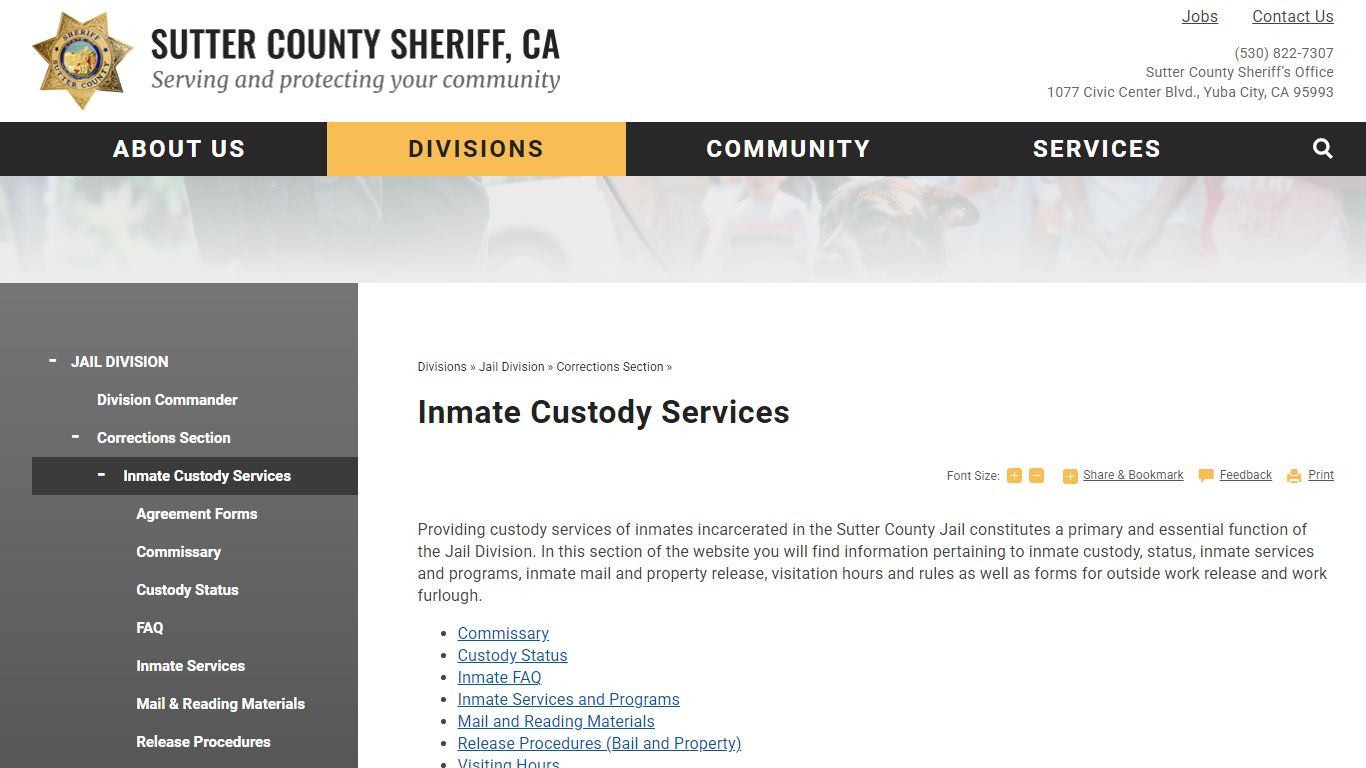 Inmate Custody Services | Sutter County Sheriff, CA