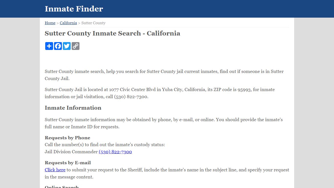 Sutter County Inmate Search - California