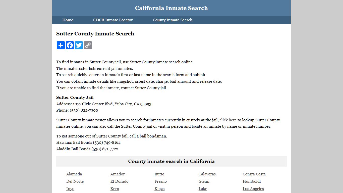 Sutter County Inmate Search - California Inmate Search