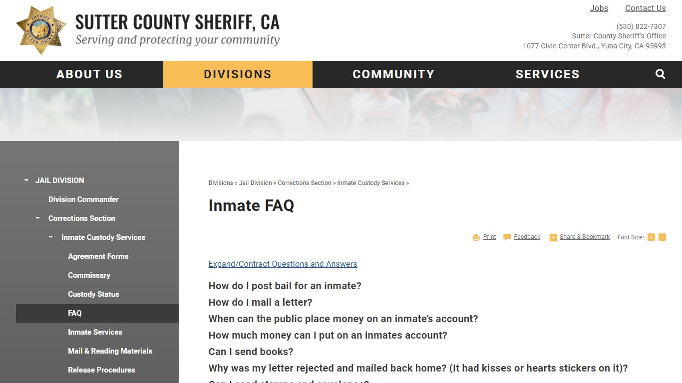 Inmate FAQ | Sutter County Sheriff, CA