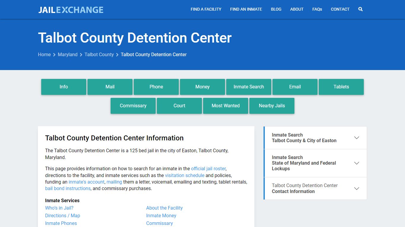Talbot County Detention Center, MD Inmate Search, Information
