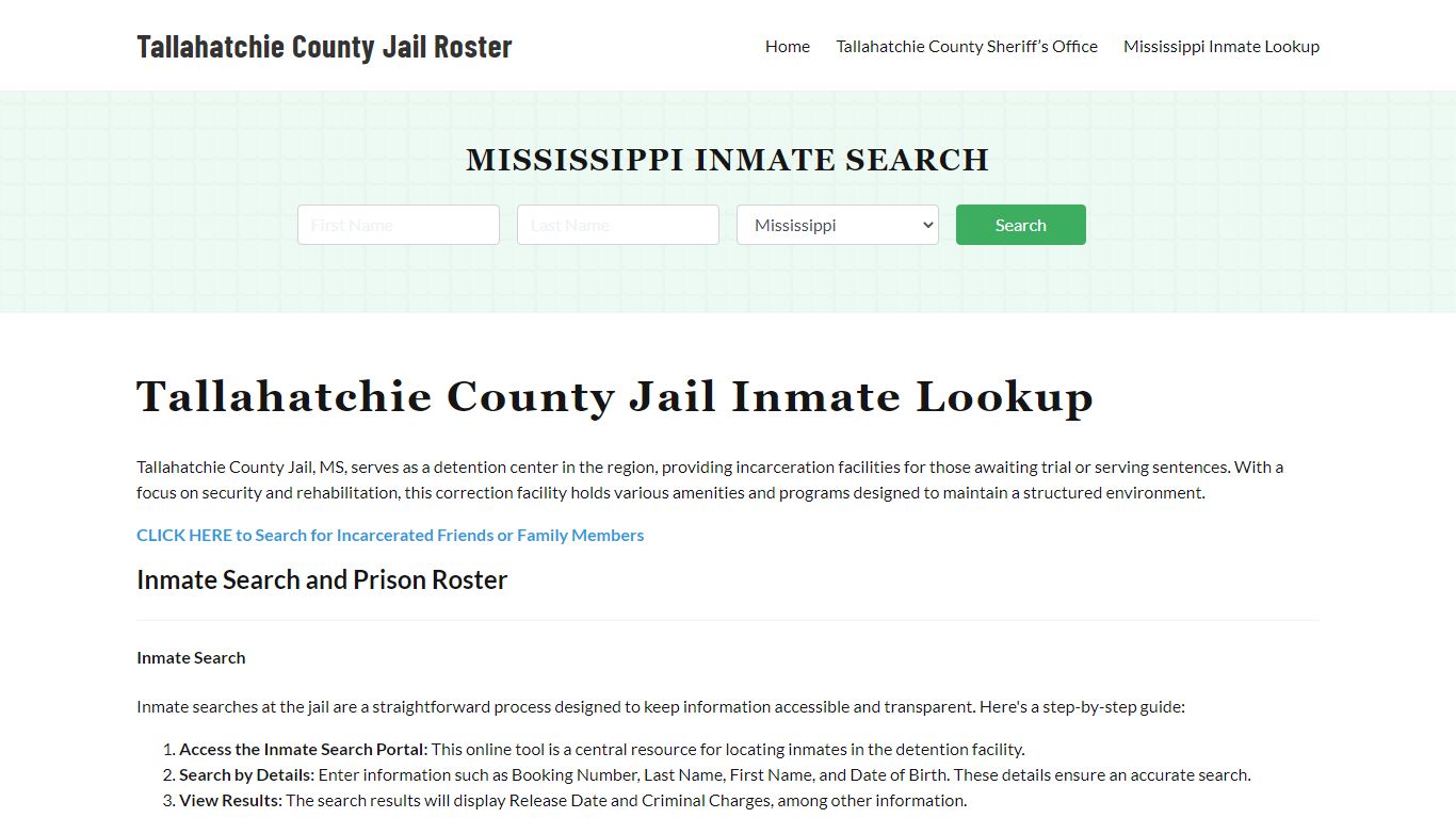 Tallahatchie County Jail Roster Lookup, MS, Inmate Search