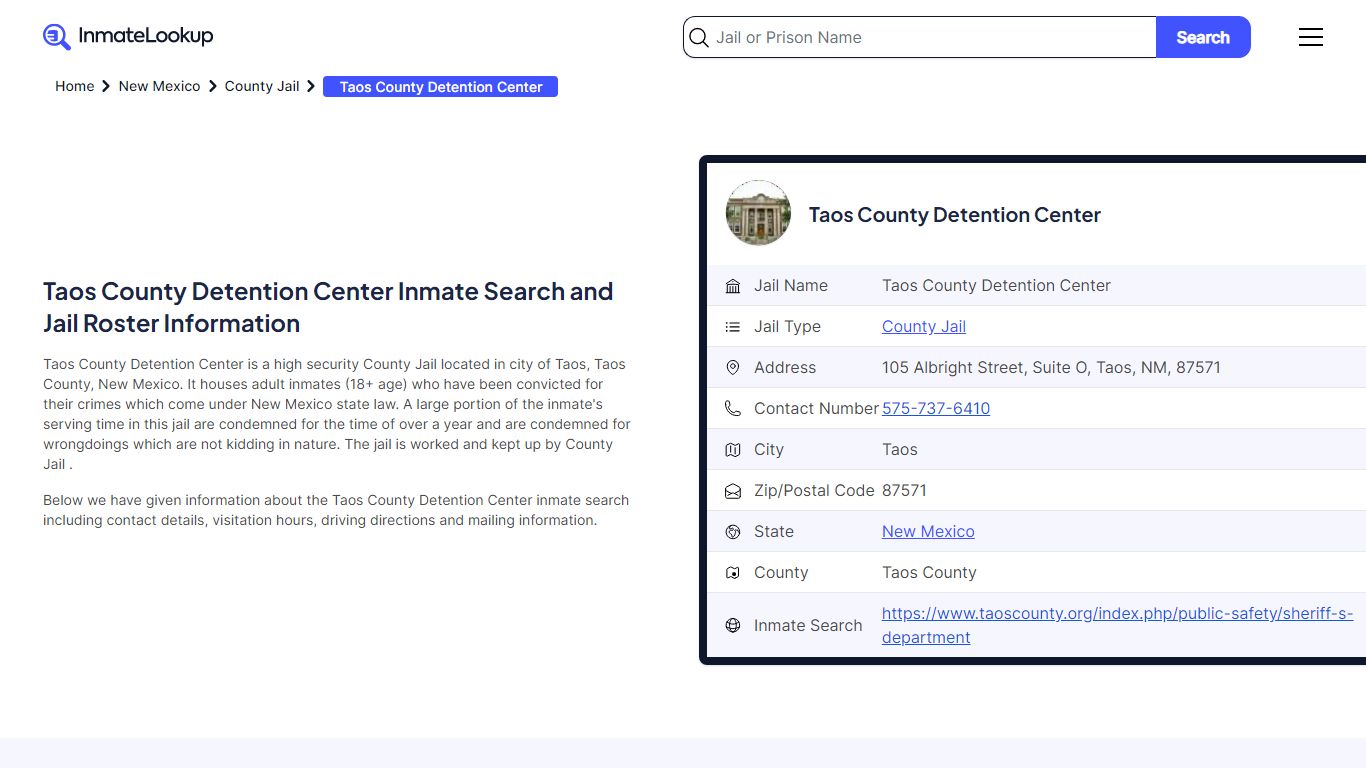 Taos County Detention Center (NM) Inmate Search New Mexico - Inmate Lookup