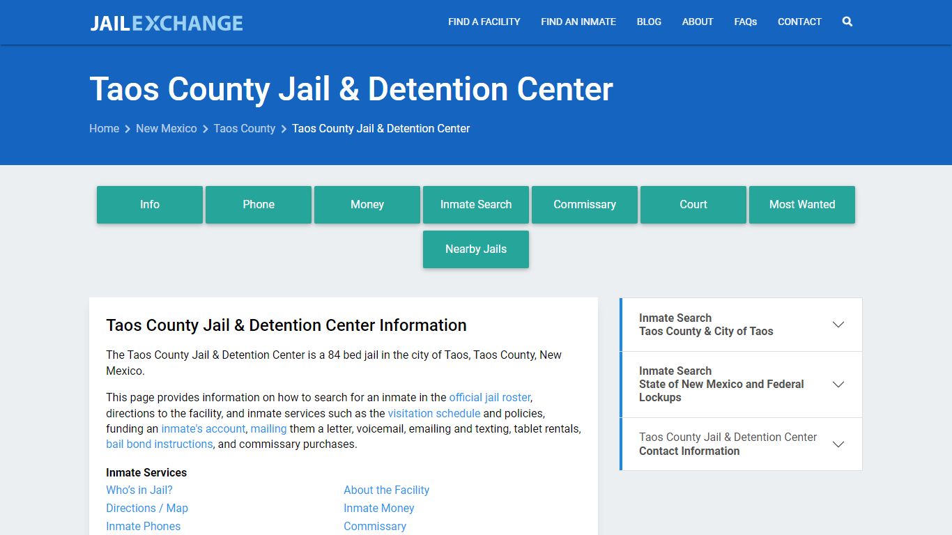 Taos County Jail & Detention Center, NM Inmate Search, Information