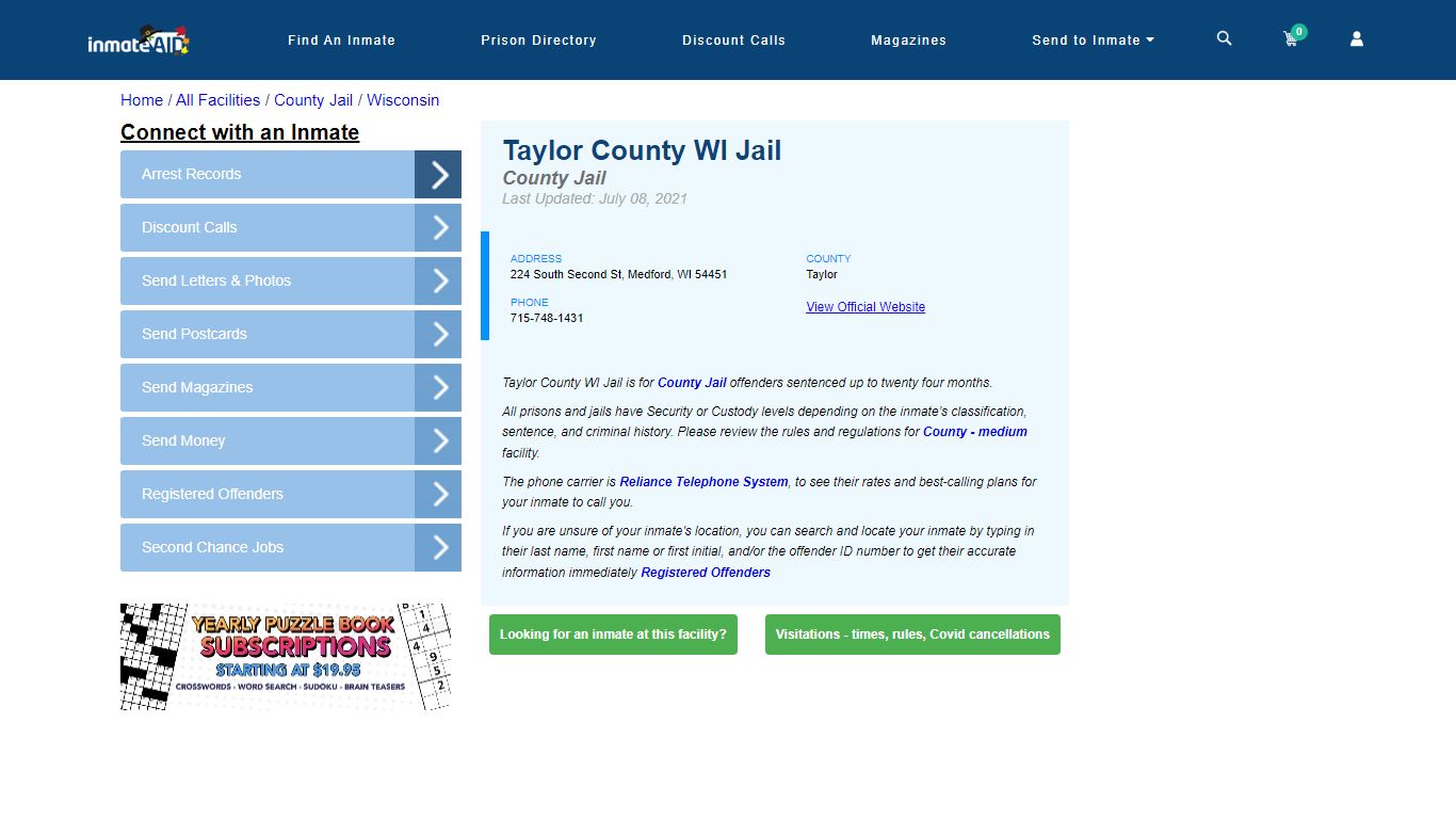 Taylor County WI Jail - Inmate Locator - Medford, WI