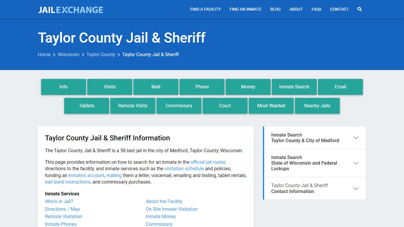 Taylor County Jail & Sheriff, WI Inmate Search, Information