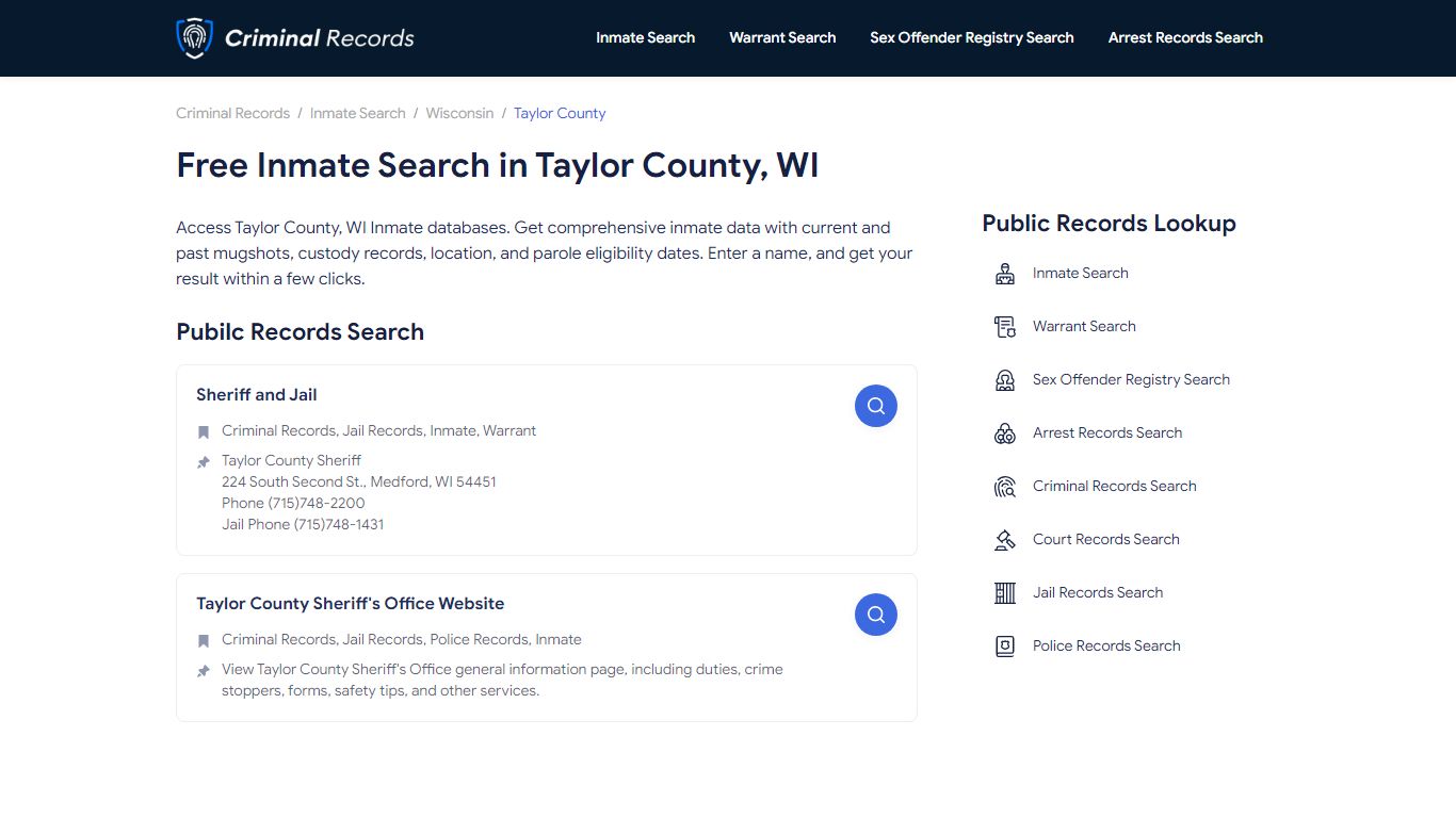 Free Inmate Search in Taylor County, WI - Enter A Name, Instant Results