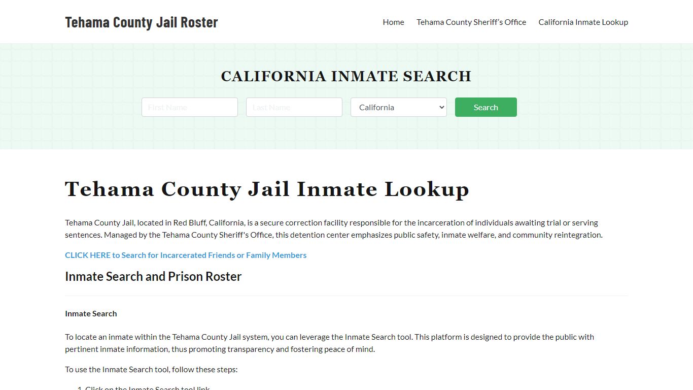 Tehama County Jail Roster Lookup, CA, Inmate Search