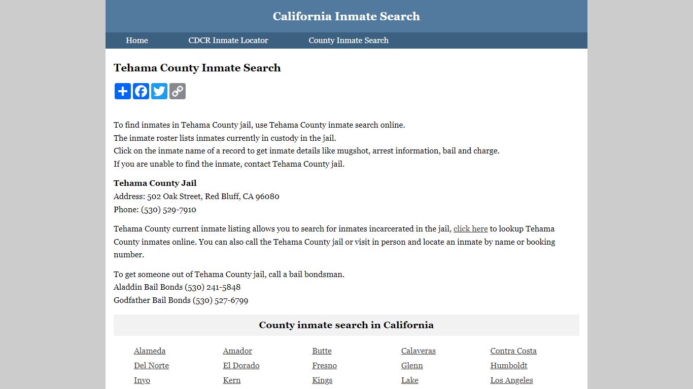 Tehama County Inmate Search - California Inmate Search