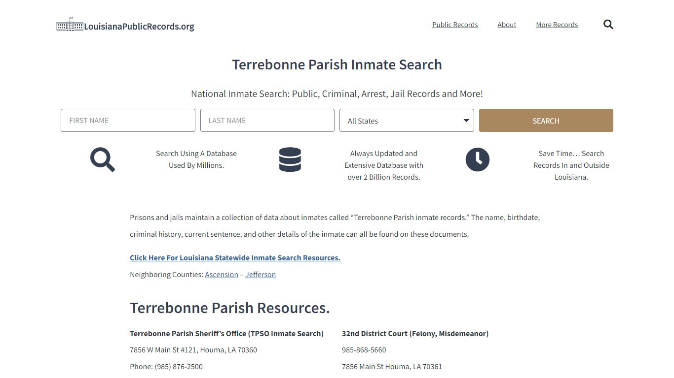 Terrebonne Parish Inmate Search - TPSO Current & Past Jail Records