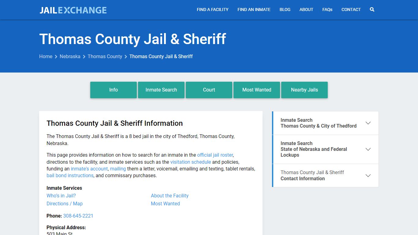 Thomas County Jail & Sheriff, NE Inmate Search, Information