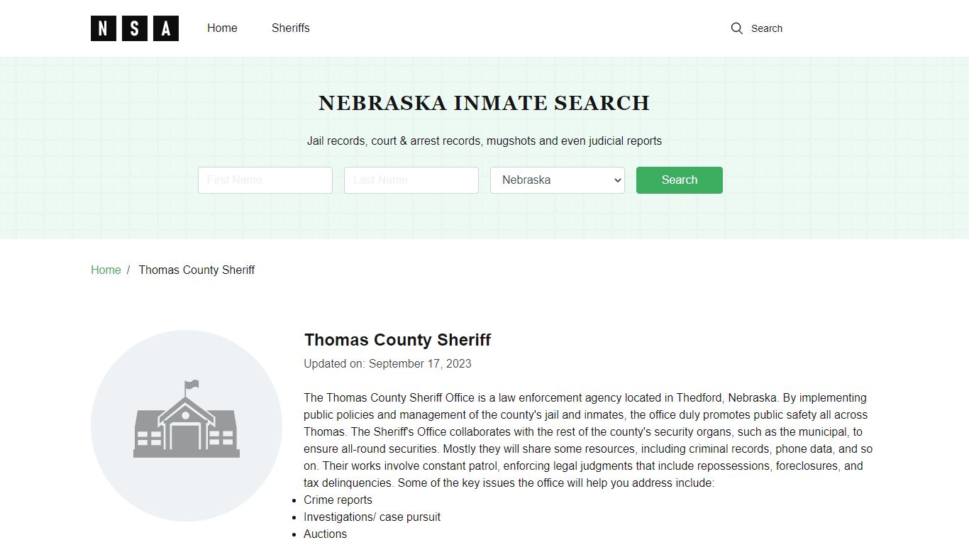 Thomas County Sheriff, Nebraska and County Jail Information