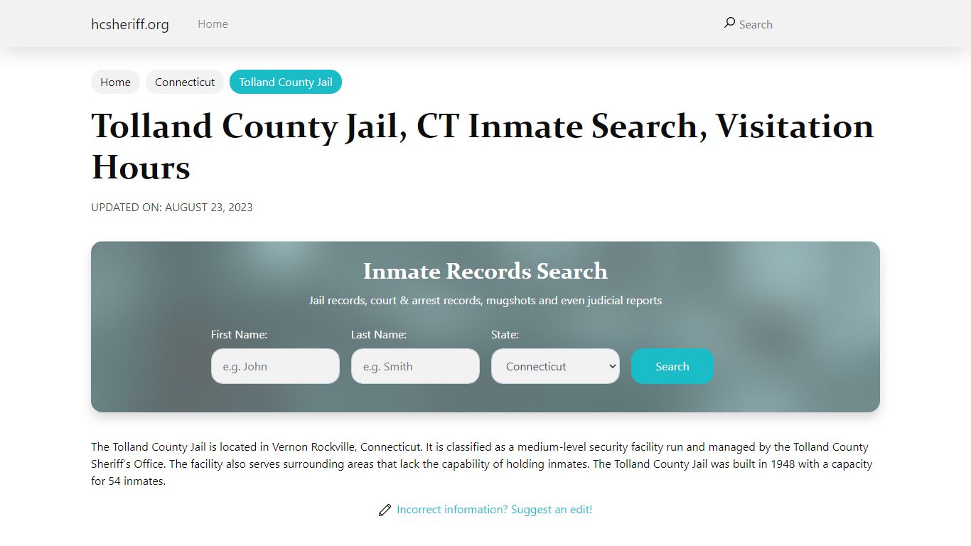 Tolland County Jail, CT Inmate Search, Visitation Hours