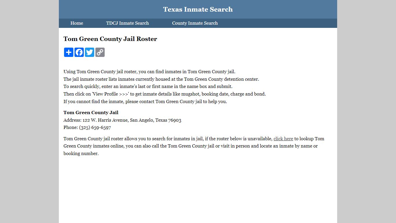 Tom Green County Jail Roster - Texas Inmate Search