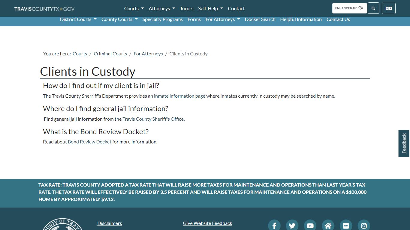 Clients in Custody - Travis County, Texas