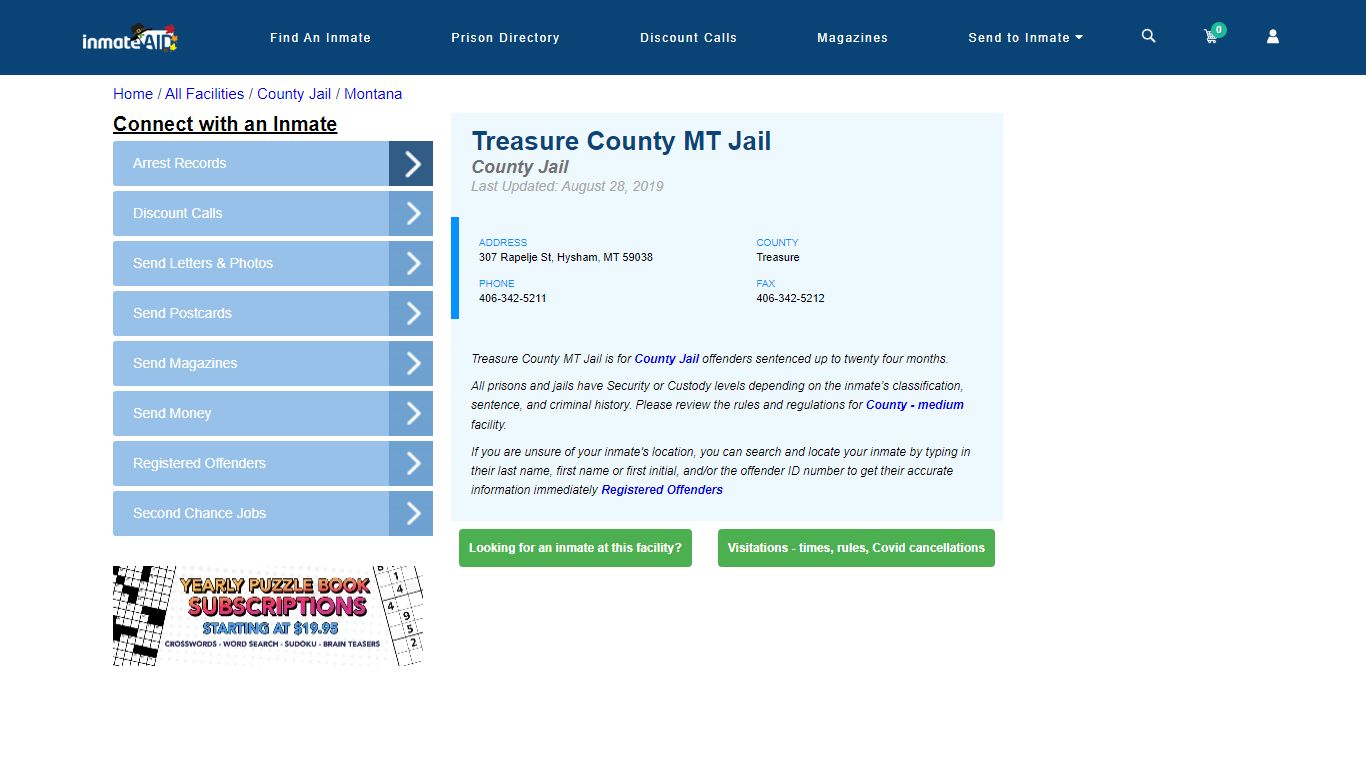 Treasure County MT Jail - Inmate Locator - Hysham, MT