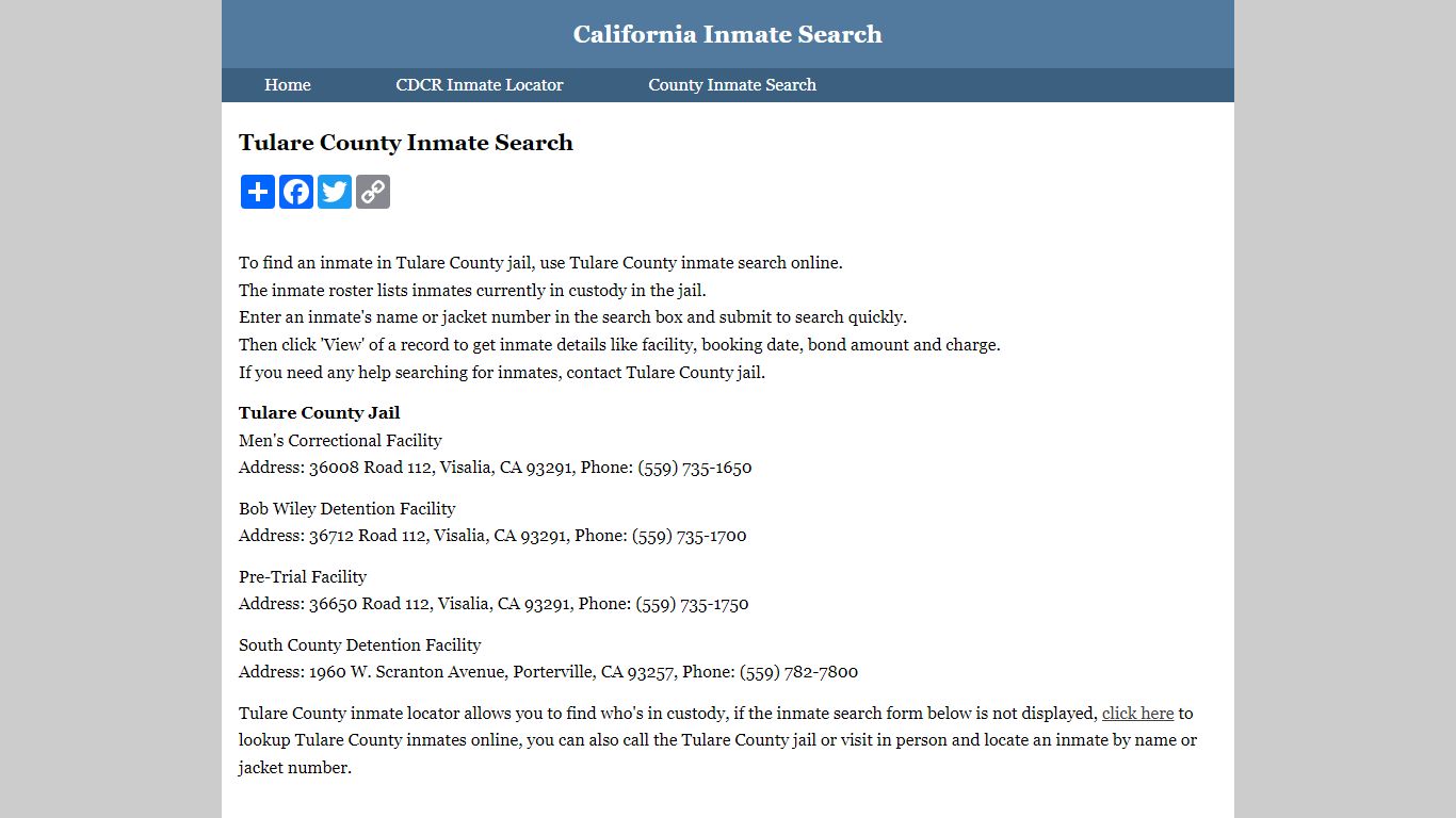 Tulare County Inmate Search - California Inmate Search