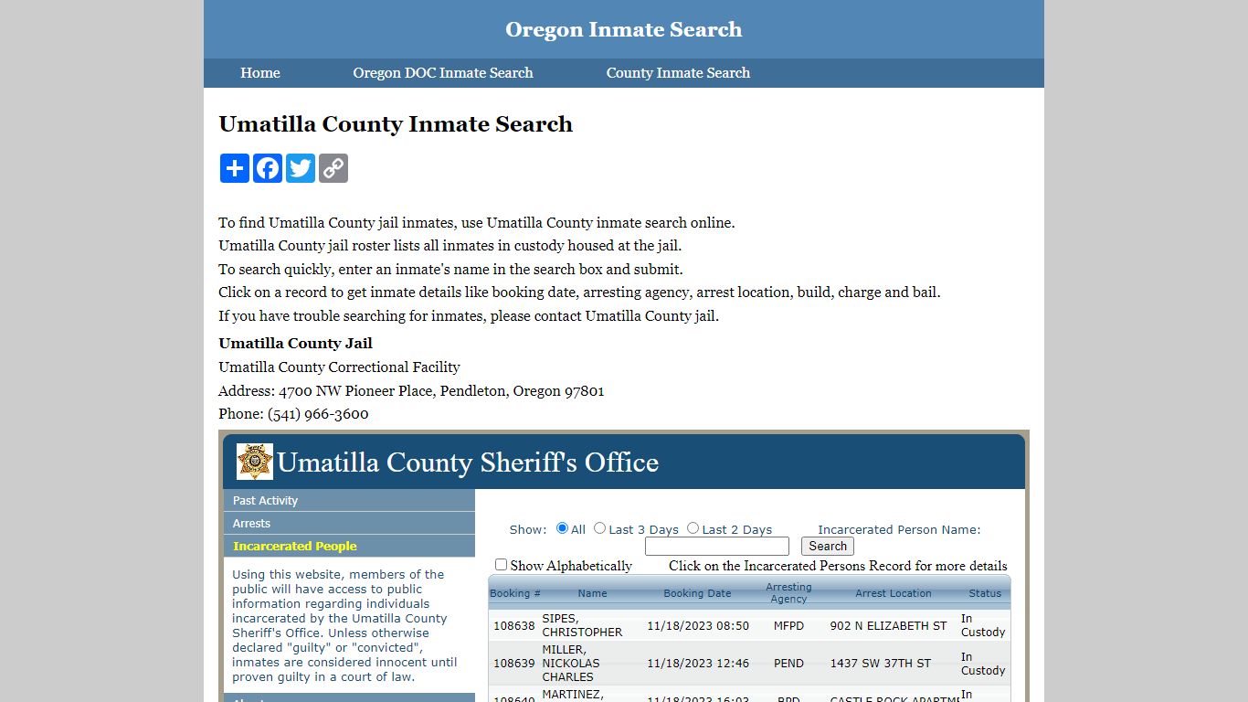 Umatilla County Inmate Search