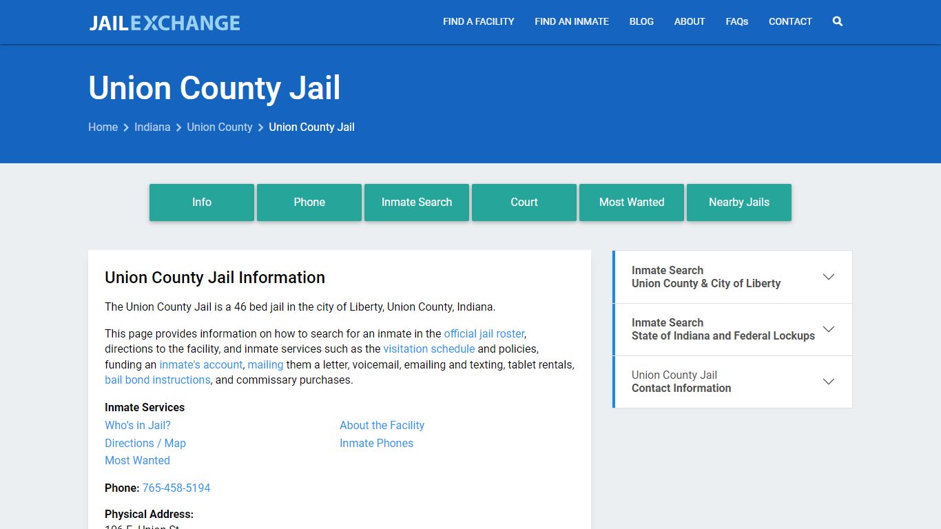 Union County Jail, IN Inmate Search, Information