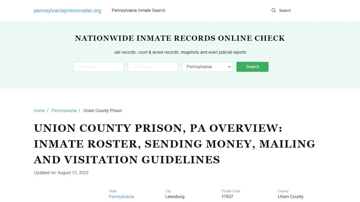 Union County Prison, PA: Offender Search, Visitation & Contact Info