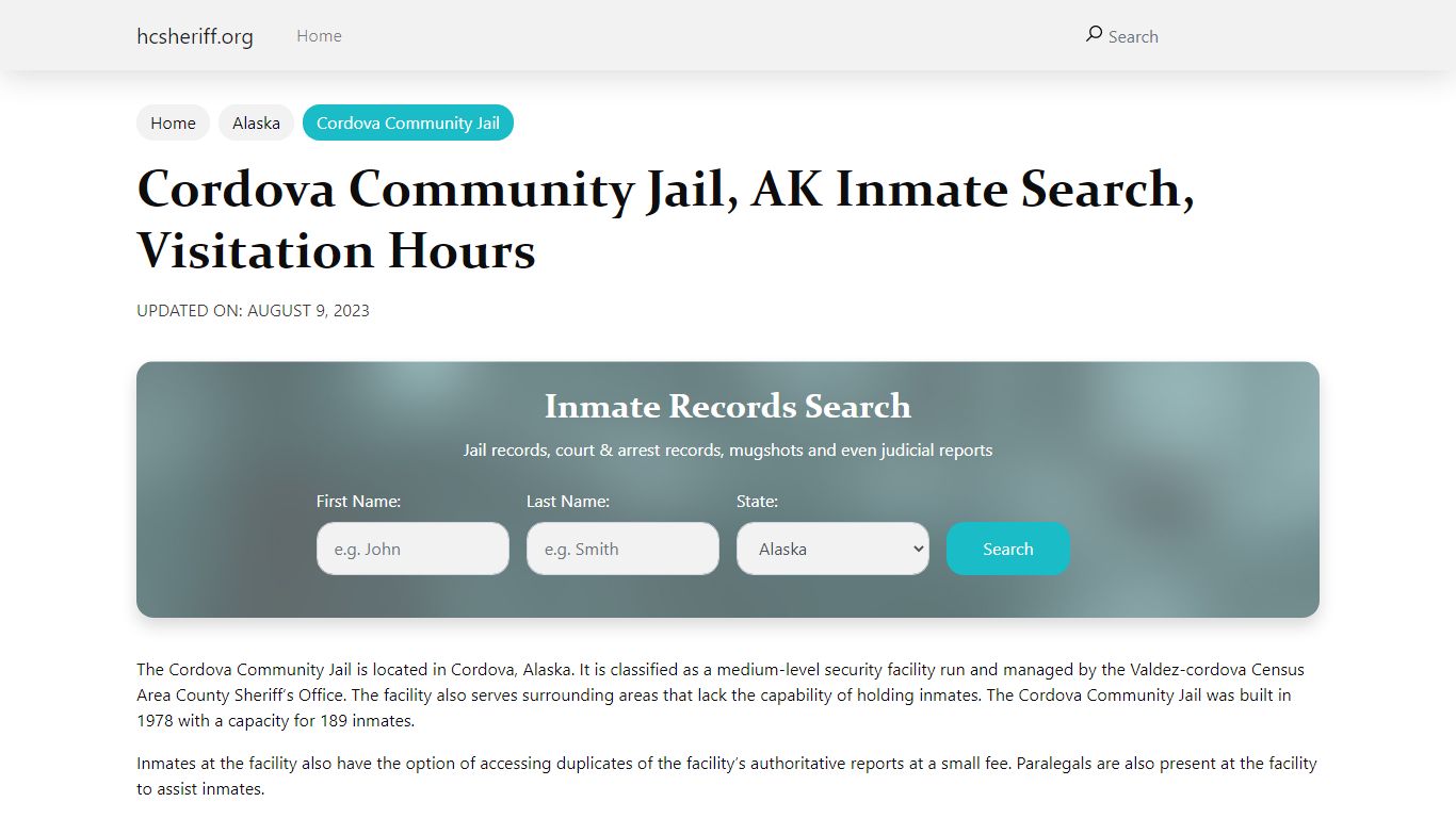 Cordova Community Jail, AK Inmate Search, Visitation Hours