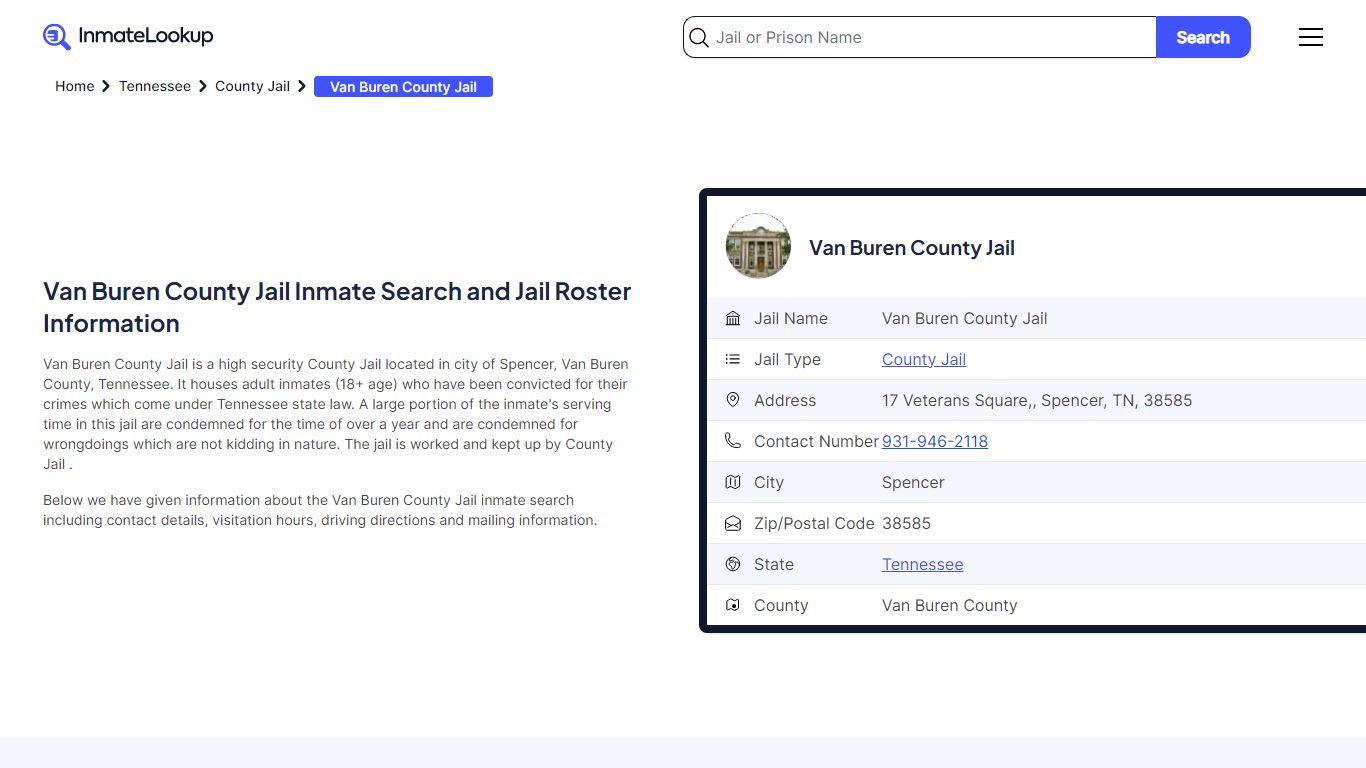 Van Buren County Jail Inmate Search - Spencer Tennessee - Inmate Lookup