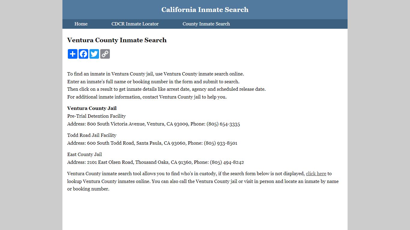 Ventura County Inmate Search - California Inmate Search