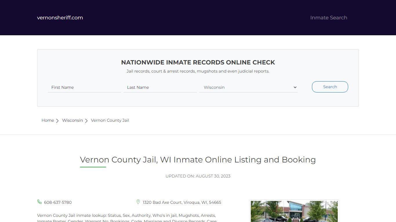 Vernon County Jail, WI Inmate Online Listing and Booking