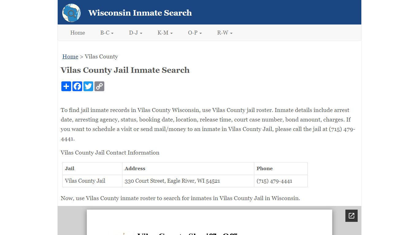 Vilas County Jail Inmate Search