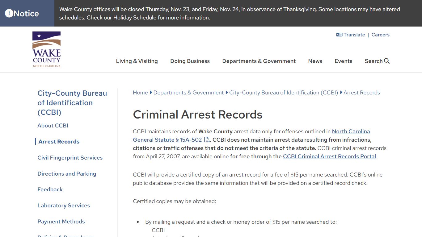 Criminal Arrest Records | Wake County Government