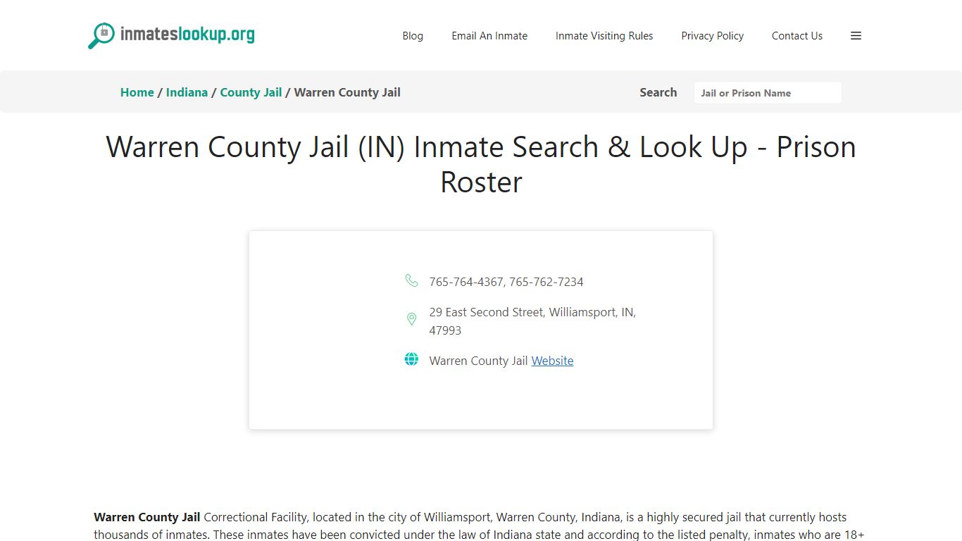 Warren County Jail (IN) Inmate Search & Look Up - Prison Roster