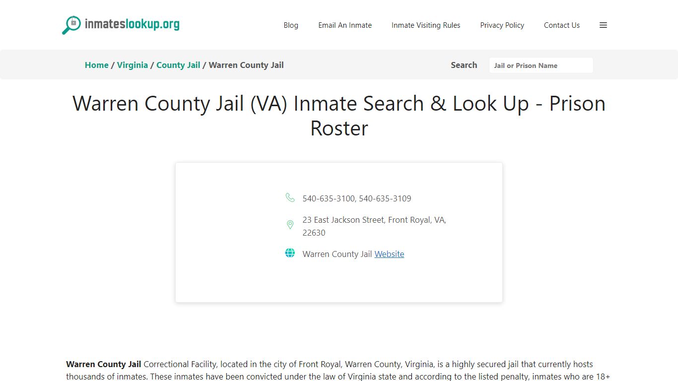 Warren County Jail (VA) Inmate Search & Look Up - Prison Roster